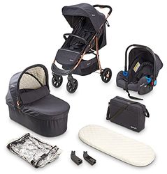 BABYGO Kinderwagen, 3-in-1 stijl, sportopzetstuk en kuip, elk afzonderlijk en autobabyschaal, luiertas/regenbescherming/matras, zwart/roségoud