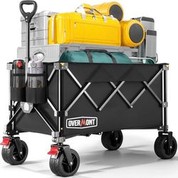 Overmont Carrello da Giardino Pieghevole con Ruote - Carrello da Spiaggia per Tutti i Terreni - Capacità Carico 150kg 150L per Festival Campeggio Picnic Sport Shopping Nero