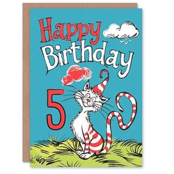 Artery8 Birthday Card Cat Lover Red Stripes Hat Kitty Strange Fun 5th 5 Year Old For Child Kids Son Daughter Greeting Card