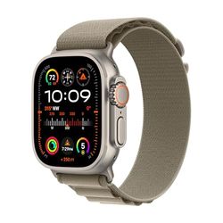 Apple Watch Ultra 2 [GPS + Cellular 49 mm] med robust titanboett och Bergsloop i oliv - L. Träningsmätare, precisions-gps, snabbknapp, extra lång batteritid, koldioxidneutral