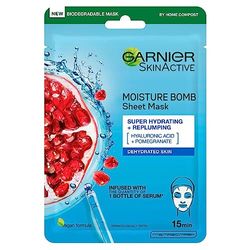 Garnier Moisture Bomb Pomegranate and Hyaluronic Acid Sheet Mask, Super Hydrating & Replumping Face Mask, For Dehydrated Skin, Biodegradable and Vegan Tissue, 28g