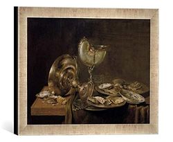 Ingelijst beeld van Willem Claesz. Heda "Stilleven met Nautiluspokal", kunstdruk in hoogwaardige handgemaakte fotolijst, 40x30 cm, zilver raya