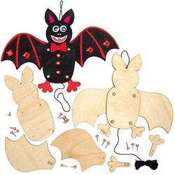 Baker Ross AX195 Halloween Bat Wooden Puppet Craft Kits - Pack of 4, Childrens Woodcraft Painting, Make Your Own, Crafts for Kids