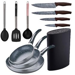 San Ignacio Set 3pc padella (16+20+24cm) alluminio pressato, induzione, nero Soul Marble con set 3pc utensili da cucina nylon con set 4pc coltelli acciaio inossidabile