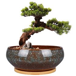 EPFamily Planteringskruka för bonsai-träd, 20 cm, keramisk, glaserad, grund, suckulent-kruka med dräneringshål och bambufat, för inomhusväxter, brun