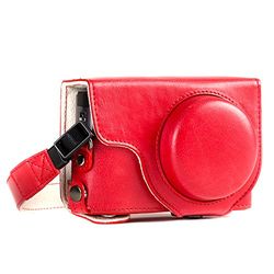 MegaGear MG1262 Panasonic Lumix DC-TZ95, DC-TZ90 Estojo Ever Ready, capa de couro, de breve uso, com correia - vermelho