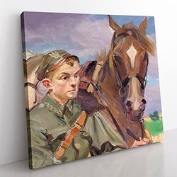 A Soldier With A Horse by Wojciech Kossak Classic Painting Canvas Wall Art Print Ready to Hang, Framed Picture for Living Room Bedroom Home Office Décor, 50x50 cm (20x20 Inch)