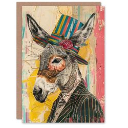 Artery8 Donkey With Top Hat Colourful Mixed Media Collage Blank For Him Or Her Art Birthday Card