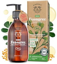 Bionoble Huile de Fenugrec Bio 200ml pour Grossir Poitrine et Fesses - Bouteille en Verre + Pompe - Macérât Huileux de Tournesol Sans Odeur - Huile Fenugrec Bio, Vegan et Naturelle