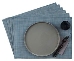 APS Set de Table, 33 x 45 cm, Jeu de 6 Sets de Table à Bande étroite en Plastique, PVC, résistant à la Chaleur, Sets de Table antidérapants, lavables, hydrofuges, Bleu Clair Blanc