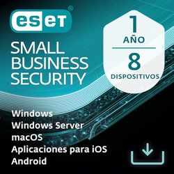 ESET Small Business Security | 8 dispositivos | 1 año | Antivirus, banca segura, navegación segura, gestor de contraseñas, VPN, datos seguros, servidor protegido | Descarga digital