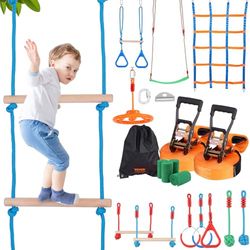 VEVOR Ninja Slackline hindernissenset, 2 x 19,8 m slacklines, 226,8 kg draagkracht, ninja-hinderniscursus, outdoor-speelsetuitrusting, achtertuin speelgoed, trainingsuitrustingsset met 12 obstakels