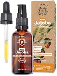 Bionoble Huile de Jojoba Bio 50ml + Pipette et Pompe - Bouteille en Verre - Pure, Naturelle, Pressée à Froid - Visage, Corps, Cheveux, Barbe, Ongles - Vegan Jojoba Oil