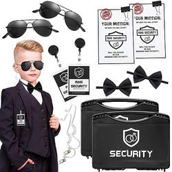 Mepase 14 Pcs Ring Wedding Security Set Include Ring Bearer Box ID Badge Holder Ring Bearer Sunglass Acoustic Earpiece Tube Mission Card with Binder Clip Bow Tie for Kids (PP Plastic Suitcase)