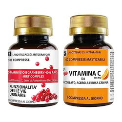 Set di Integratori Cranberry 40% PAC, D-Mannosio 100 compresse + Vitamina C Masticabile 60 compresse| Vie Urinarie + Sistema Immunitario LABOTTEGADEGLIINTEGRATORI ®