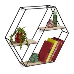 Relaxdays wandrek zeskant, hout & metaal, decoratie, planten, HxBxD: ca. 51 x 59 x 11 cm, wandbox, natuur / zwart