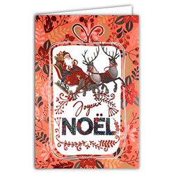 Afie 61-5638 Kaart Vrolijk Kerstman rood glanzend glinsterende flamboying slee rendier bloemen einde het jaar - met witte envelop