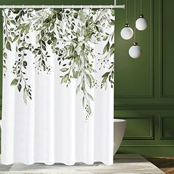Tititex Ensemble de Rideau de Douche en Eucalyptus Vert Olive, Feuilles aquarelles sur Le Dessus de la Plante avec décoration Florale de Salle de Bain, 183 x 183 cm avec Crochets