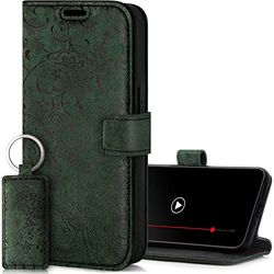 SURAZO Custodia in pelle per Samsung Galaxy A15, pieghevole, in vera pelle, magnetica, scomparto per carte di credito, protezione RFID, motivo floreale, colore: verde