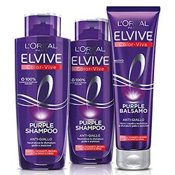 L'Oréal Paris Routine Completa Anti-giallo Elvive Purple, Kit con 2 Shampoo e 1 Balsamo, Azione Anti-giallo Per Capelli Biondi, Grigi, Decolorati o Con Schiariture, Con Pigmenti Viola e Filtro UV