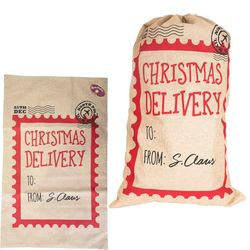 SHATCHI Large Delivery Santa Sack 48x78 cm-Hessian Stocking Filler Gift Bag with Drawstring, Personalized North Pole Design Christmas Accessories, Beige