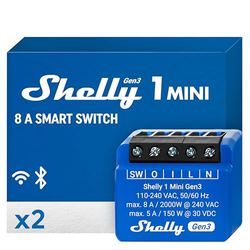 Shelly 1 Mini Gen 3 | WiFi & Bluetooth Smart Switch Relé 1 Canal 8A | Automatización del hogar | Compatible con Alexa y Google Home | iOS Android app | No requiere hub | Contactos secos (2pack)