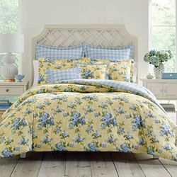 Laura Ashley - Set copripiumino per letto matrimoniale, in cotone reversibile con federe abbinate, include federe in omaggio e federe (Cassidy Yellow, Queen)