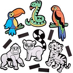 Baker Ross FX557 Imanes para colorear de animales de la selva tropical - Pack de 30, Manualidades para colorear para niños