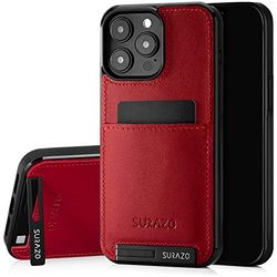 SURAZO Genuine Leather Back Case for Apple iPhone 15 Pro Max Case - Shockproof Leather Mobile Phone Case Cover with [Card Slot, Stand Function, Key Chain] Vintage Slim Bumper Protective Case (Costa