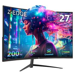 Z-Edge Gaming Monitor 27 inch 200 Hz, 1 ms, FreeSync, Scherm FHD 1080P met DP-kabel, 350cd/m², 1500R VA Frameloos, HDMI2.1 & DP1.4, VESA, sRGB 99%, 178° Hoek Uitzicht, Verstelbare Kanteling