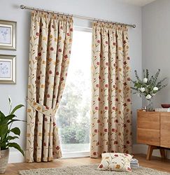 Curtina - Natural & Red Floral Curtains W66 x L72 (168 x 183cm) - Vintage Flower Pencil Pleat Curtains - Jacquard Heavy Weight Curtains - Curtains & Drapes for Bedroom/Living Room - Pleated Curtains