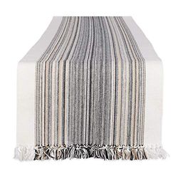 DII Fringed Stripe Tabletop, Table Runner, Cotton, Black, 14x108
