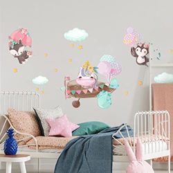 Väggdekaler för barn – dekoration barnrum väggklistermärke enhörning pilot i luften | H60 x B 90 cm