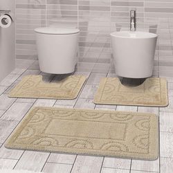 Comart - Set Tappeti Nicole da Bagno - Tre Pezzi - Tappetino Rettangolare 50x80 cm + Due Girowater 50x40 cm - Tris Antiscivolo ad Asciugatura Rapida - Traspiranti - Lavabili in Lavatrice - Beige