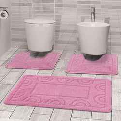 Comart, Nicole Lot de 3 Tapis de Bain, séchage Rapide, Fond antidérapant en Latex, Couleur Unie, Dessous de Douche et Baignoire, pour WC et Bidet, Lavable en Machine, Couleur Rose