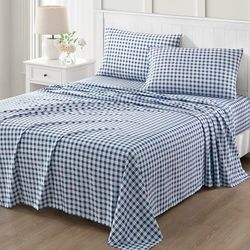 Martha Stewart Marineblauw wit geruite print Cal Kingsize lakenset - 4-delig, ultrazachte, gewassen microvezel, bedrukte lakens, 1 laken, 1 hoeslaken, 2 kingsize kussenslopen