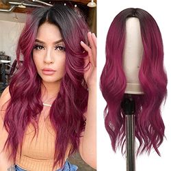 FESHFEN Long Wavy Wine Red Wigs for Women 22 inch Black to Burgundy Body Wavy Full Wig Middle Parting Wigs Natural Looking Synthetic Wig for Daily Cosplay