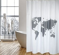 MSV Rideau de Douche Polyester World 180x200cm QUALITÉ Premium Gris & Blanc - Anneaux Inclus