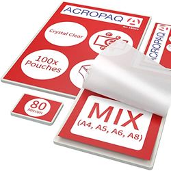 ACROPAQ Laminating Pouches - 100 Pack, Mixed (A4, A5, A6, A8), 160 Micron (2 x 80 Micron), Glossy Finish, Premium Quality, Rounded Corners, Ideal for Photos and Notes - 18023
