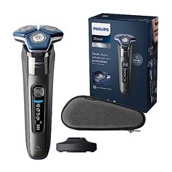 Philips Serie 7000 Afeitadora Eléctrica Hombre, Maquina de Afeitar Barba con Cortapatillas, Barbero, Tecnologia SkinIQ, Inalambrica, Recargable, Base Carga, Funda, S7887/35, Negro Metal