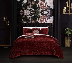 Chic Home 5 Piece Comforter Set Crinkle Crushed Velvet Bedding-Decorative Pillow Shams Included, Burgundy, King