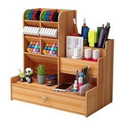 Pennenhouder voor bureau van hout, pennenorganizer, bureauorganizer, opbergdoos met lade, pennenhouder voor thuis, school, kantoor.