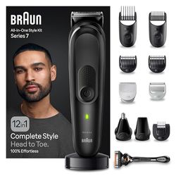 Braun Series 7 All-In-One baardverzorgingsset 12-in-1 baardtrimmer trimmer/tondeuse voor heren tondeuse waterdicht 100 minuten draadloze looptijd vaderdagcadeau MGK7460 Zwart mat