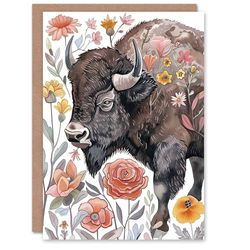 Artery8 Greeting Card Stylised Majestic Bison in Spring Wildflowers For Her Woman Birthday Card