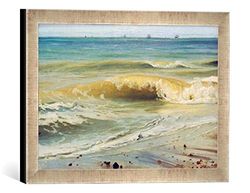 Ingelijste afbeelding van Johann Wilhelm scherm: "Zeebranding met verre schepen aan de kust van de Normandie", kunstdruk in hoogwaardige handgemaakte fotolijst, 40x30 cm, zilver raya