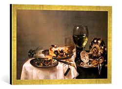 Ingelijst beeld van Willem Claesz. Heda "Een ontbijttafel met een braambeerpast", kunstdruk in hoogwaardige handgemaakte fotolijst, 60x40 cm, Gold Raya