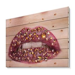 DesignQ Close-Up Of Woman Lip With Sequins - Modern Print on Natural Pine Wood