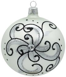 VITBIS - Glass Christmas Bauble 10 cm, Mouth-Blown, Hand-Decorated and Handmade Christmas Tree Decoration - White Colour with Rich Silver Decoration