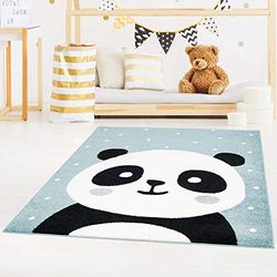 carpet city Tappeto per bambini Bubble Kids a pelo piatto con orso panda bianco a pois blu petrolio per cameretta bambini, dimensioni: 160 x 225 cm