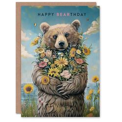 Artery8 Birthday Card Happy Bearthday Cute Bear Flower Bouquet For Her Gran Sister Niece Daughter Wife Woman Greeting Card